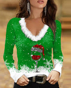 Bedrucktes V-Ausschnitt Langarm-Top